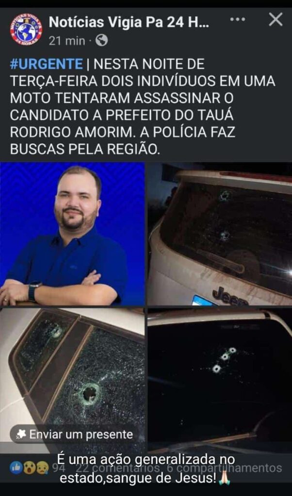 Pistoleiros tentaram matar Rodrigo Amorim, candidato a prefeito de Santo Antônio do Tauá