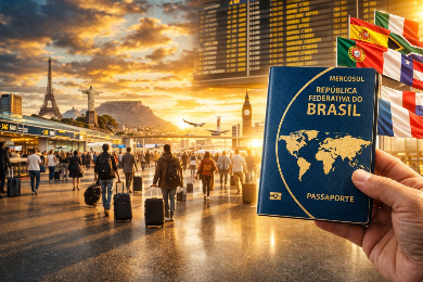 O passaporte brasileiro permite morar legalmente em dezenas de países sem precisar de visto prévio e a maioria dos brasileiros nem sabe que pode solicitar residência diretamente ao chegar em nações da América do Sul, África e até da Europa